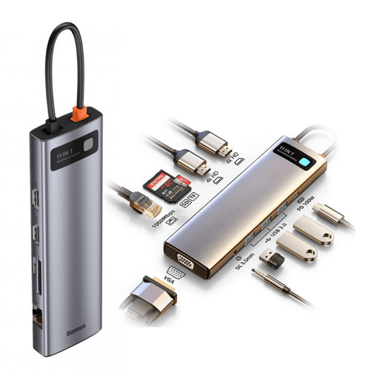 هاب ۱۱ پورت بیسوس Baseus Metal Gleam 11 in 1 Multifunctional Type-C HUB 100W CAHUB-CT0G