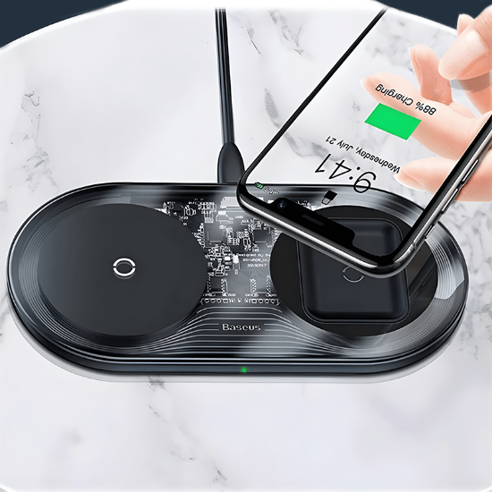 شارژر بی‌سیم ۱۸ واتی بیسوس مدل Baseus Simple 2in1 Wireless Charger Max For Phones + Pods