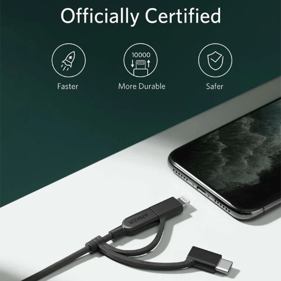 کابل ۹۰ سانتی متری ۱ به ۳ USB به Type-C، Lightning و micro-USB انکر مدل PowerLine II
