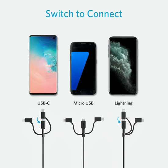 کابل ۹۰ سانتی متری ۱ به ۳ USB به Type-C، Lightning و micro-USB انکر مدل PowerLine II